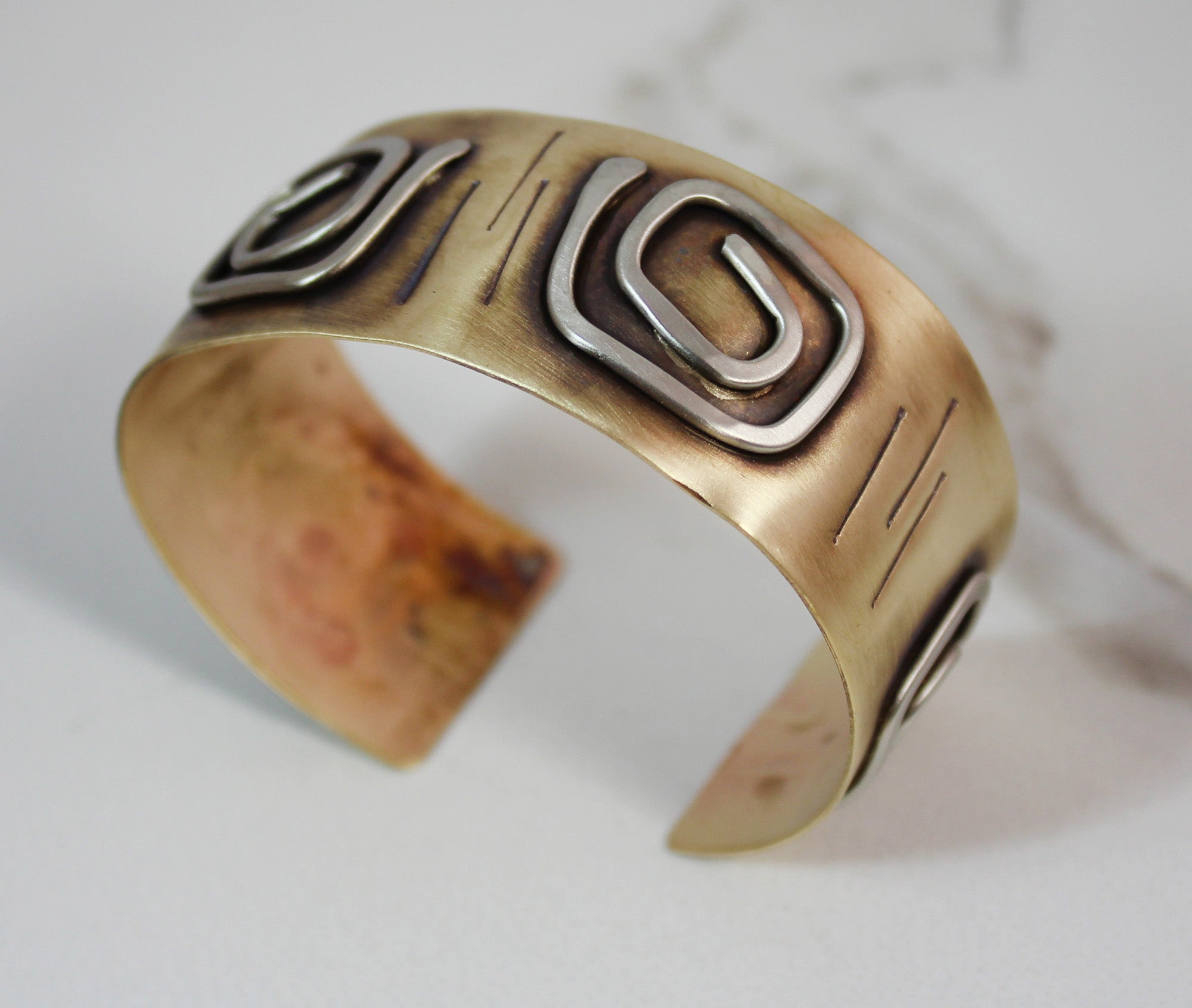 Aegean Square Spiral Cuff Bracelet Brass and Nickel Silver