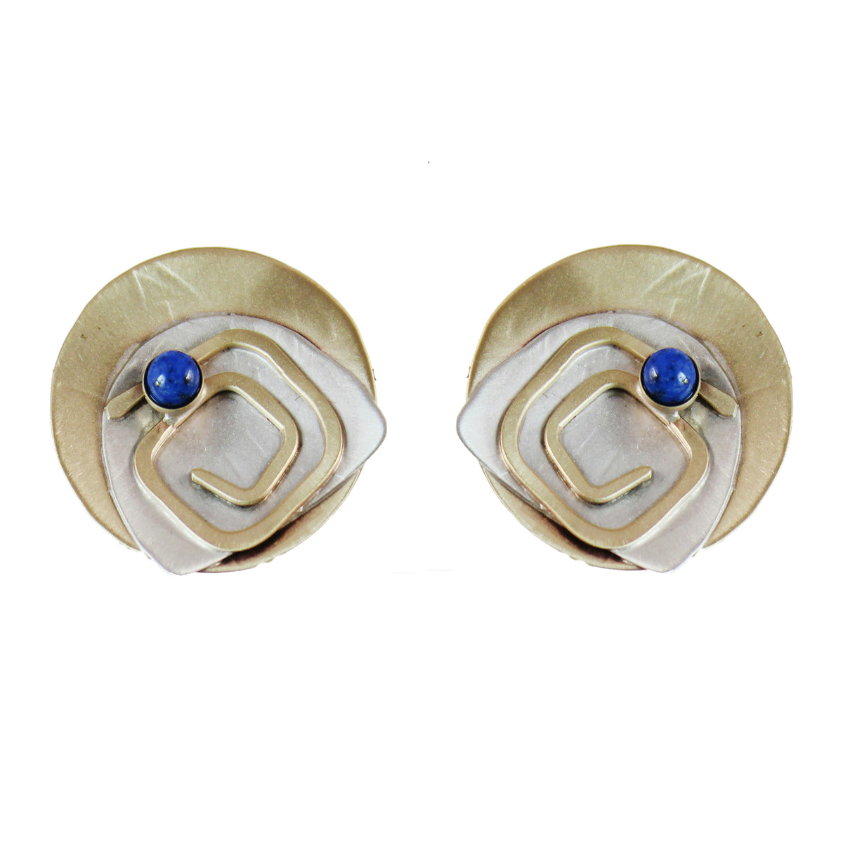 Denim Lapis Stones Labyrinth Post Earrings Sterling and Brass - Whitney Designs Ltd