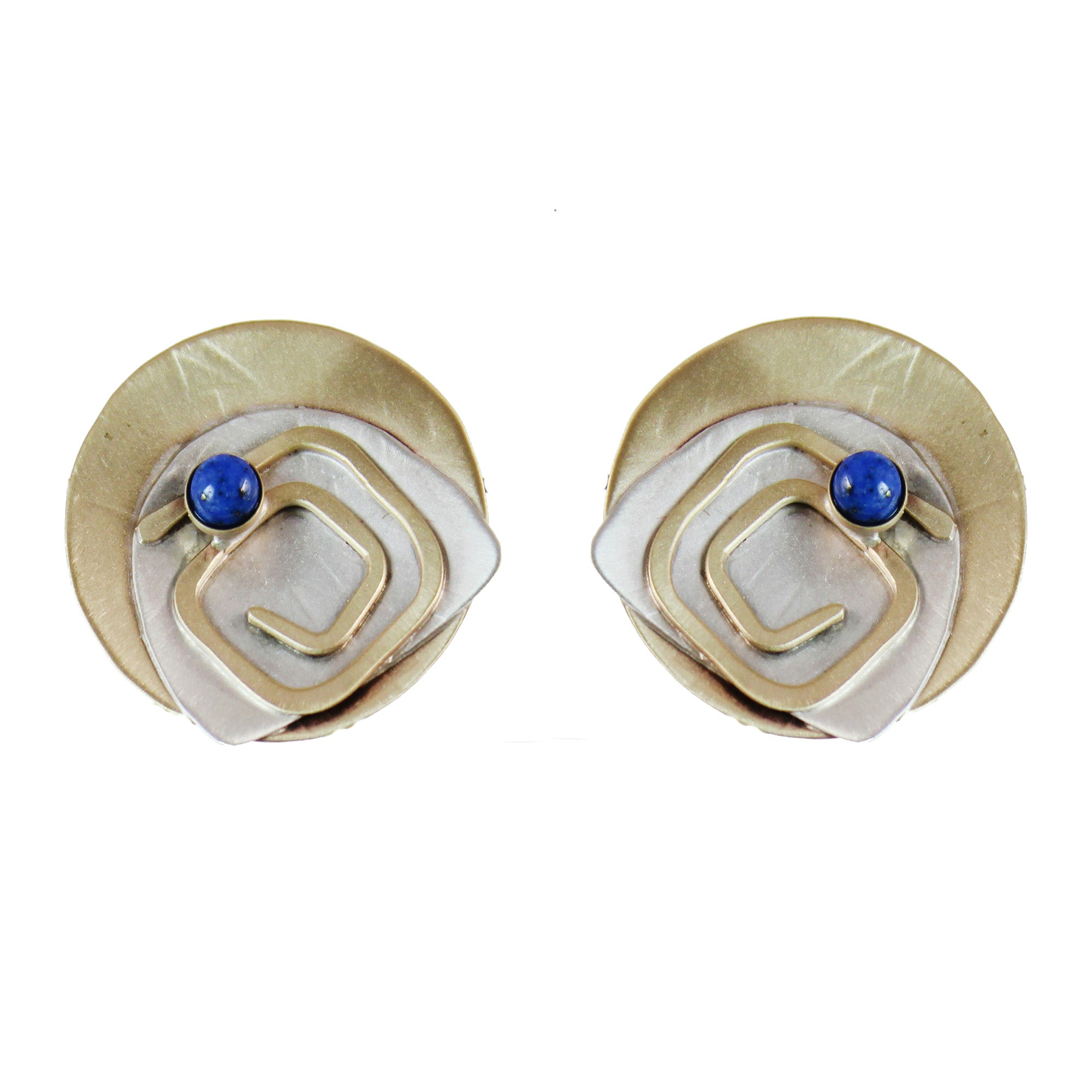 Denim Lapis Stones Labyrinth Post Earrings Sterling and Brass