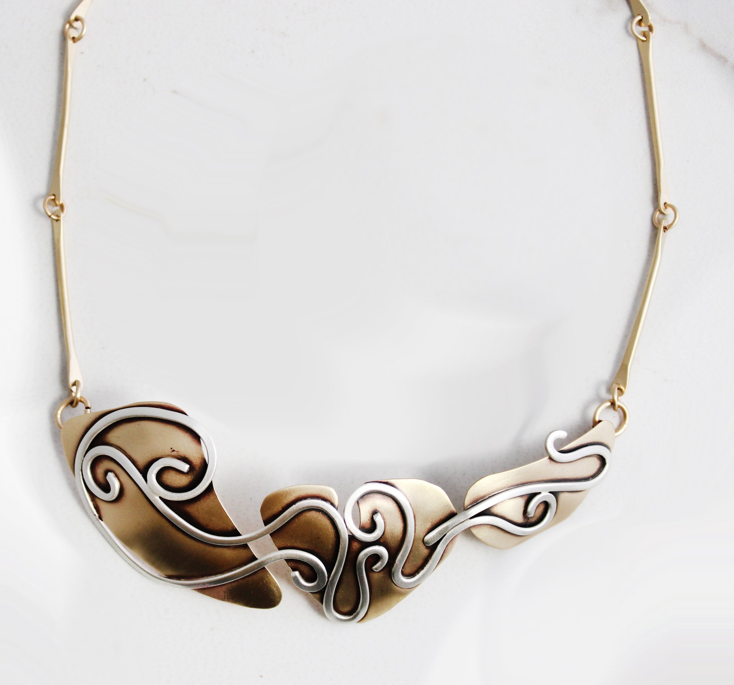 Spirals and Weaves Garden Party Necklace Sterling and Brass