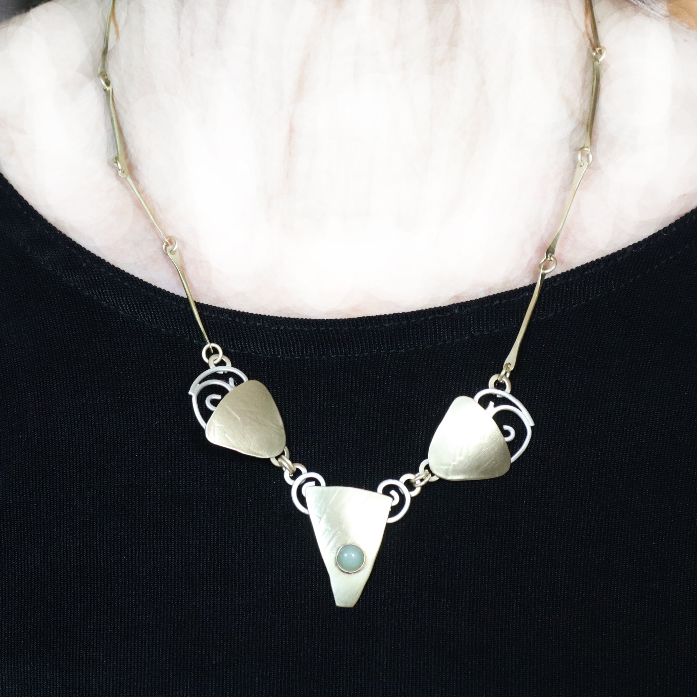 Art Nouveau  Brass and Sterling Silver and Aventurine Necklace