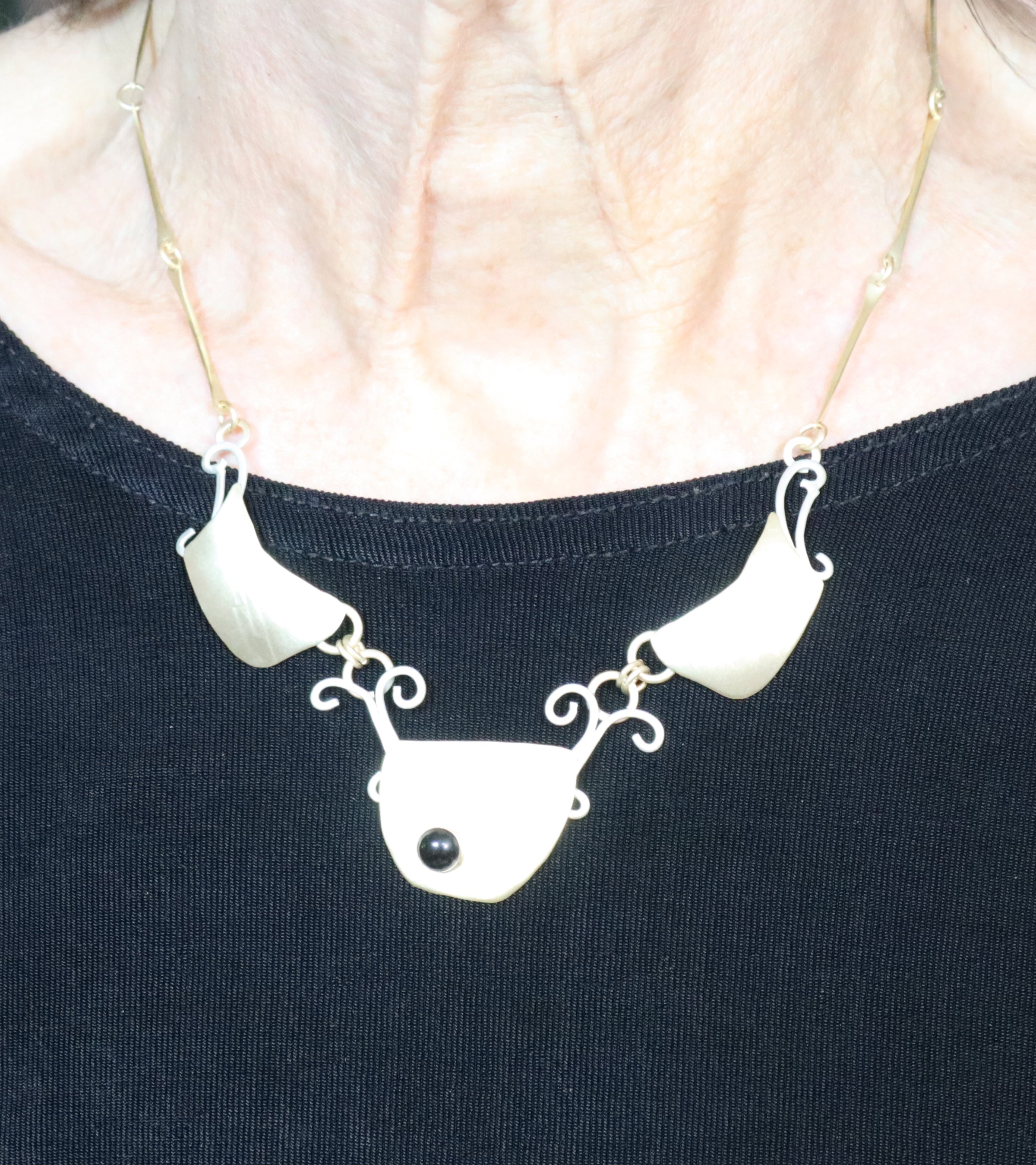 Art Nouveau  Brass and Sterling Silver and Onyx Necklace