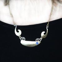 Art Nouveau  Brass and Sterling Silver and Denim Lapis Necklace