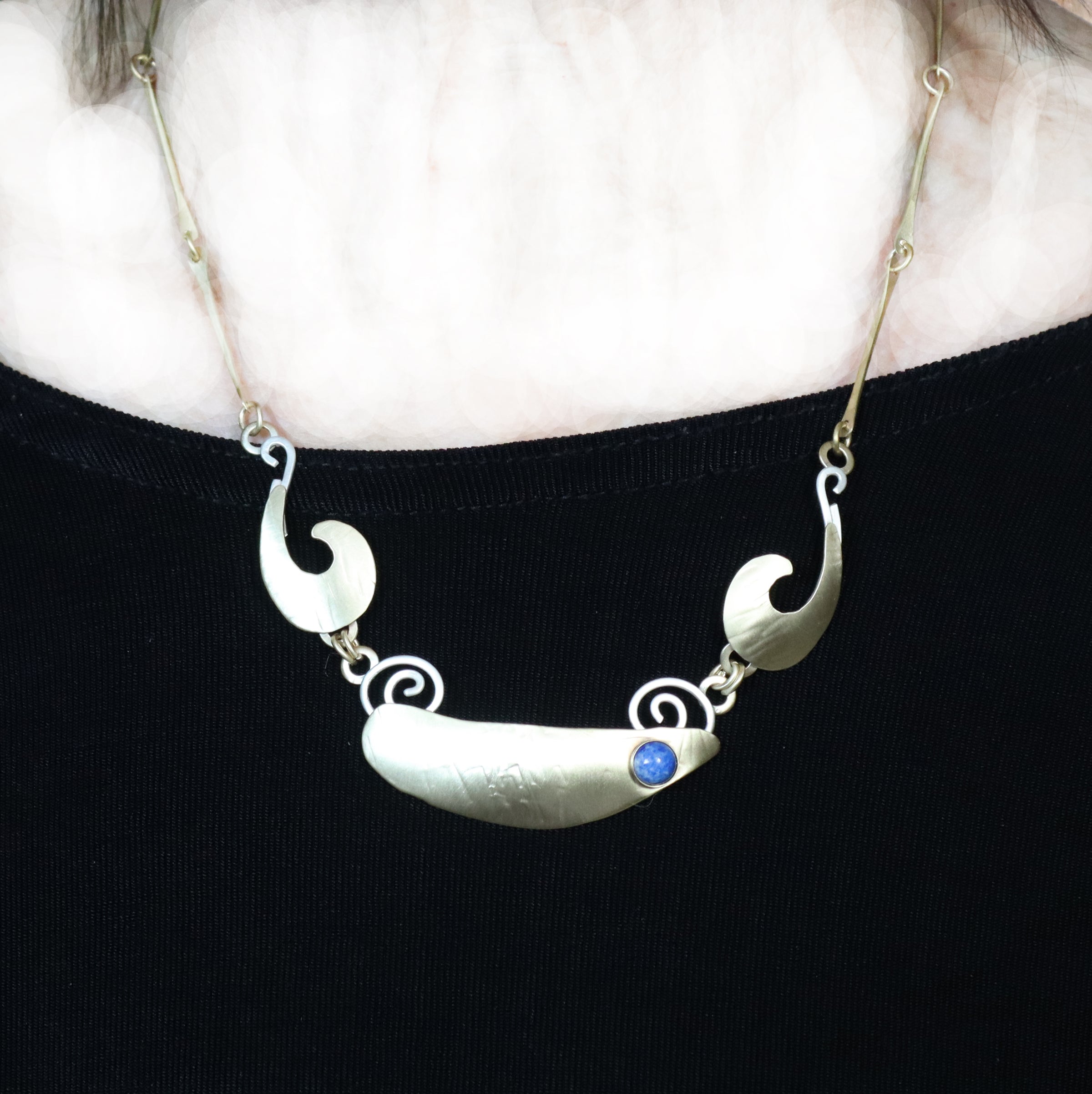 Art Nouveau  Brass and Sterling Silver and Denim Lapis Necklace