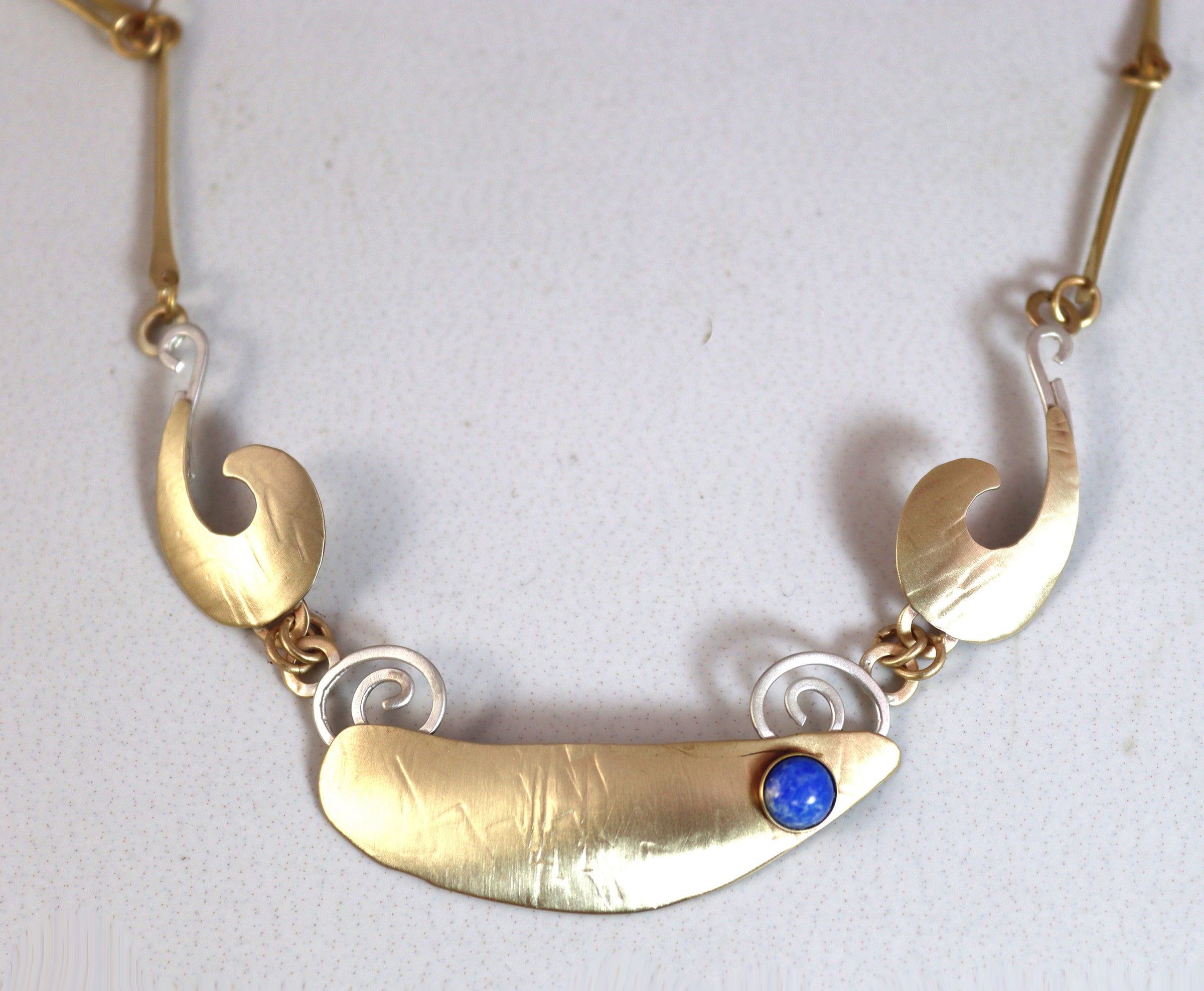 Art Nouveau  Brass and Sterling Silver and Denim Lapis Necklace