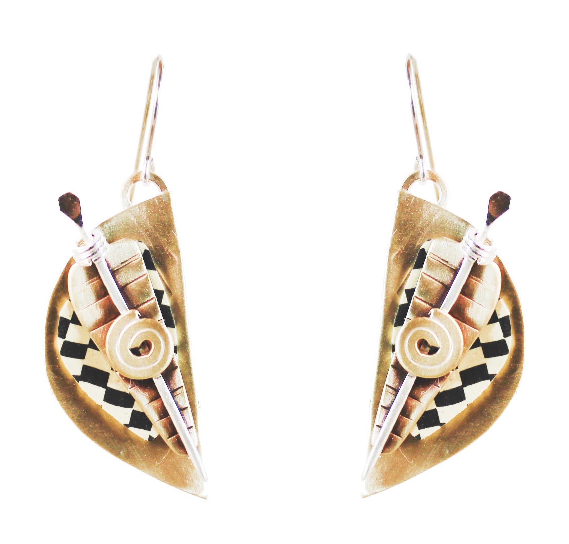 Shield Shaped Tapestry Earrings Sterling and Brass - Whitney Designs Ltd