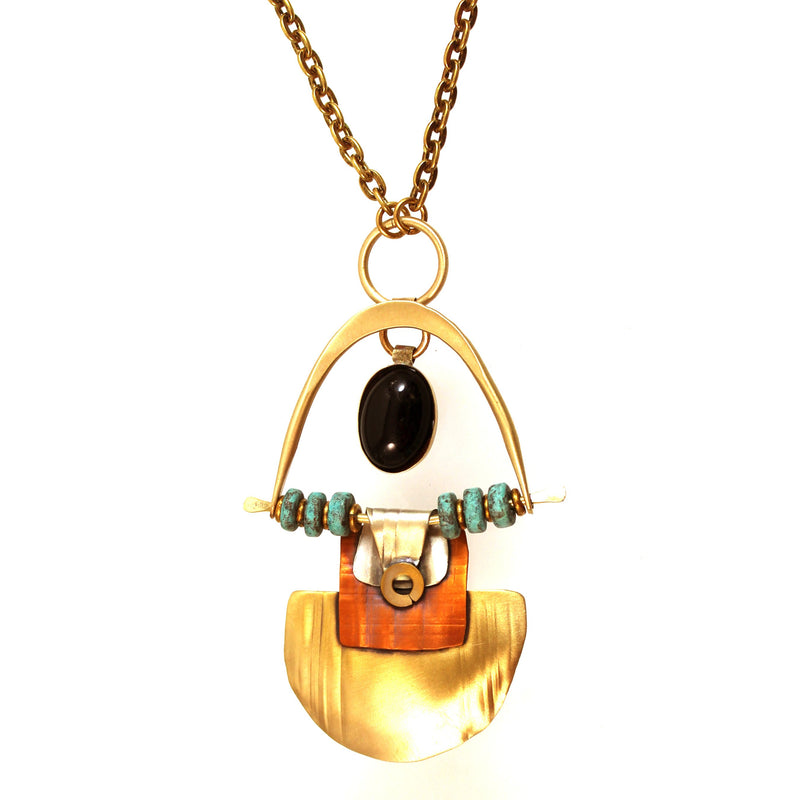 N3427 SWING AND SWAY NECKLACE ,BRASS, COPPER, STERLING, ONYX STONE AND CLAY BEADS. 30"
