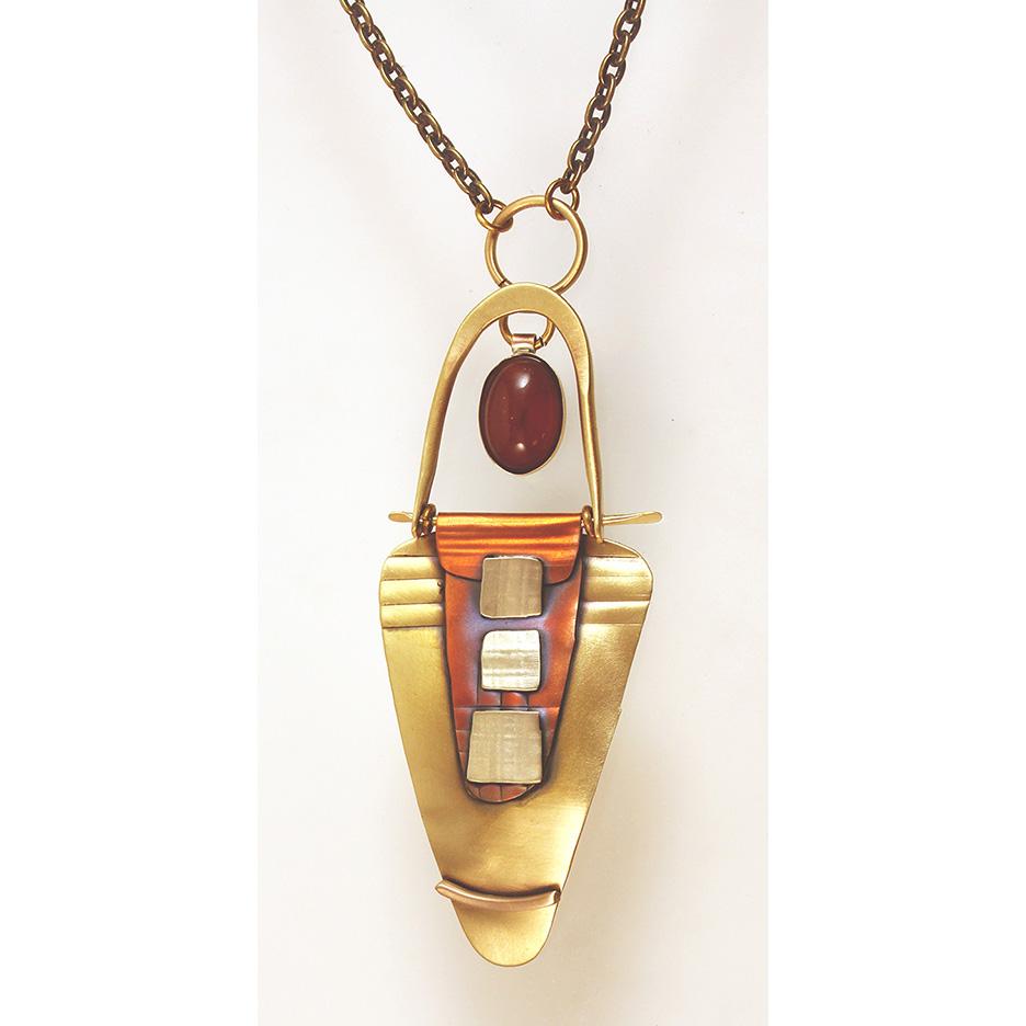 N3428 SWING AND SWAY NECKLACE, BRASS, COPPER,STERLING WITH CARNELIAN ON 30" CHAIN